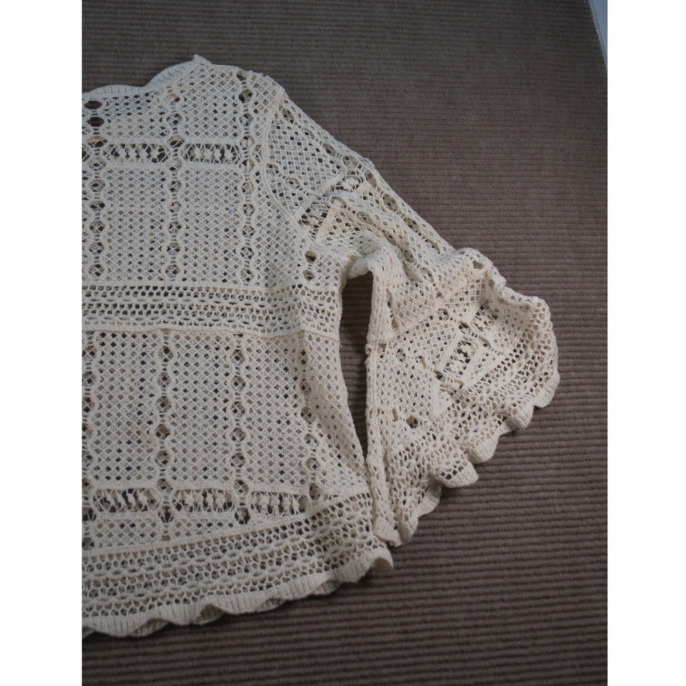 Boho Cream Cotton Crochet Open Knit Bell Sleeve Blouse Top M/L - Picture 8 of 9